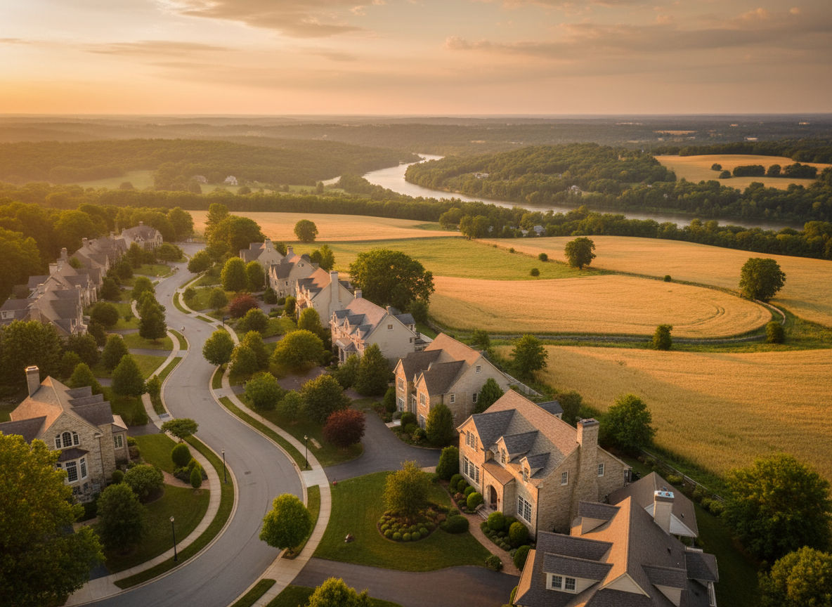 Rolling Pennsylvania countryside and refined residential neighborhoods at golden hour.