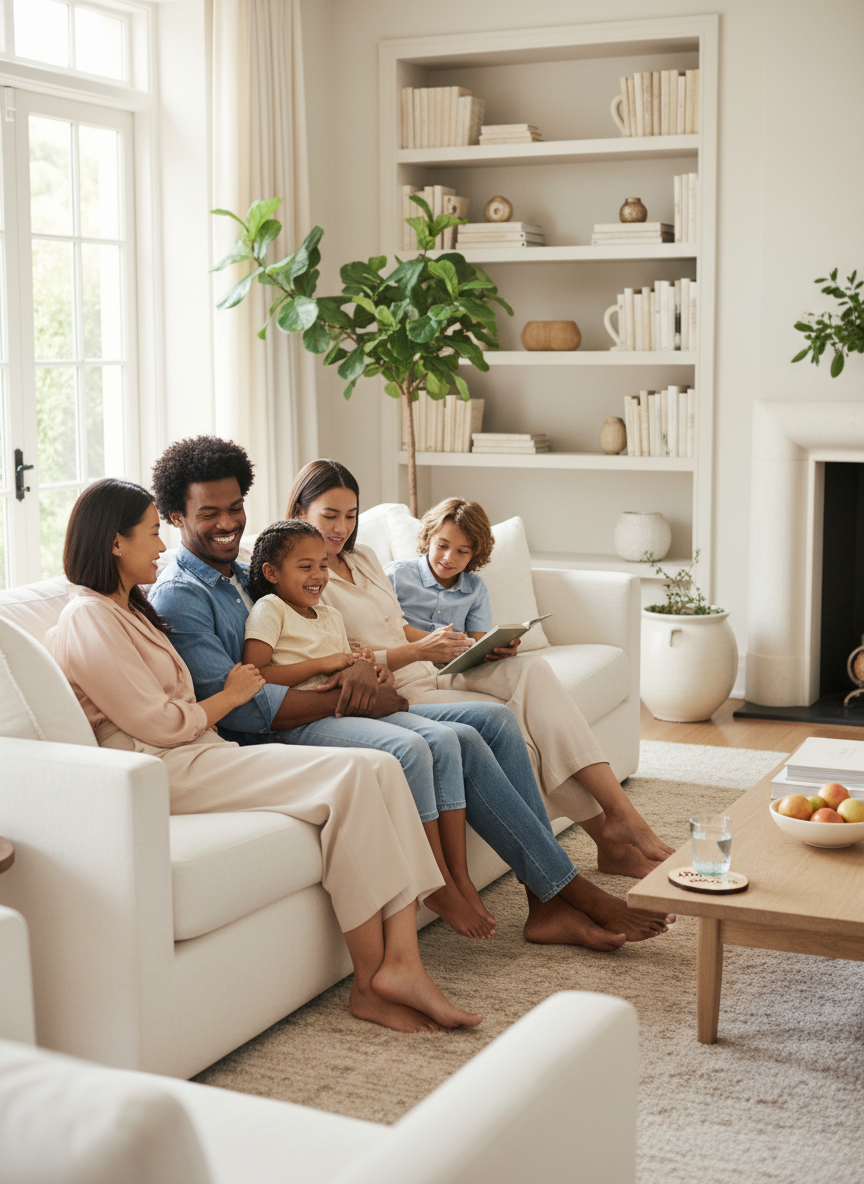 A premium editorial lifestyle photograph of a joyful multiracial family—parents and children of varied racial and ethnic backgrounds—relaxing together in a beautiful, light-filled, upscale home. They look comfortable, healthy, and genuinely happy, enjoying everyday life because the indoor air feels fresh and clean. No air-duct equipment, tools, vents, machinery, uniforms, or technical cleaning imagery. Warm natural light, sophisticated interior, authentic candid interaction, high-end home-services brand aesthetic.