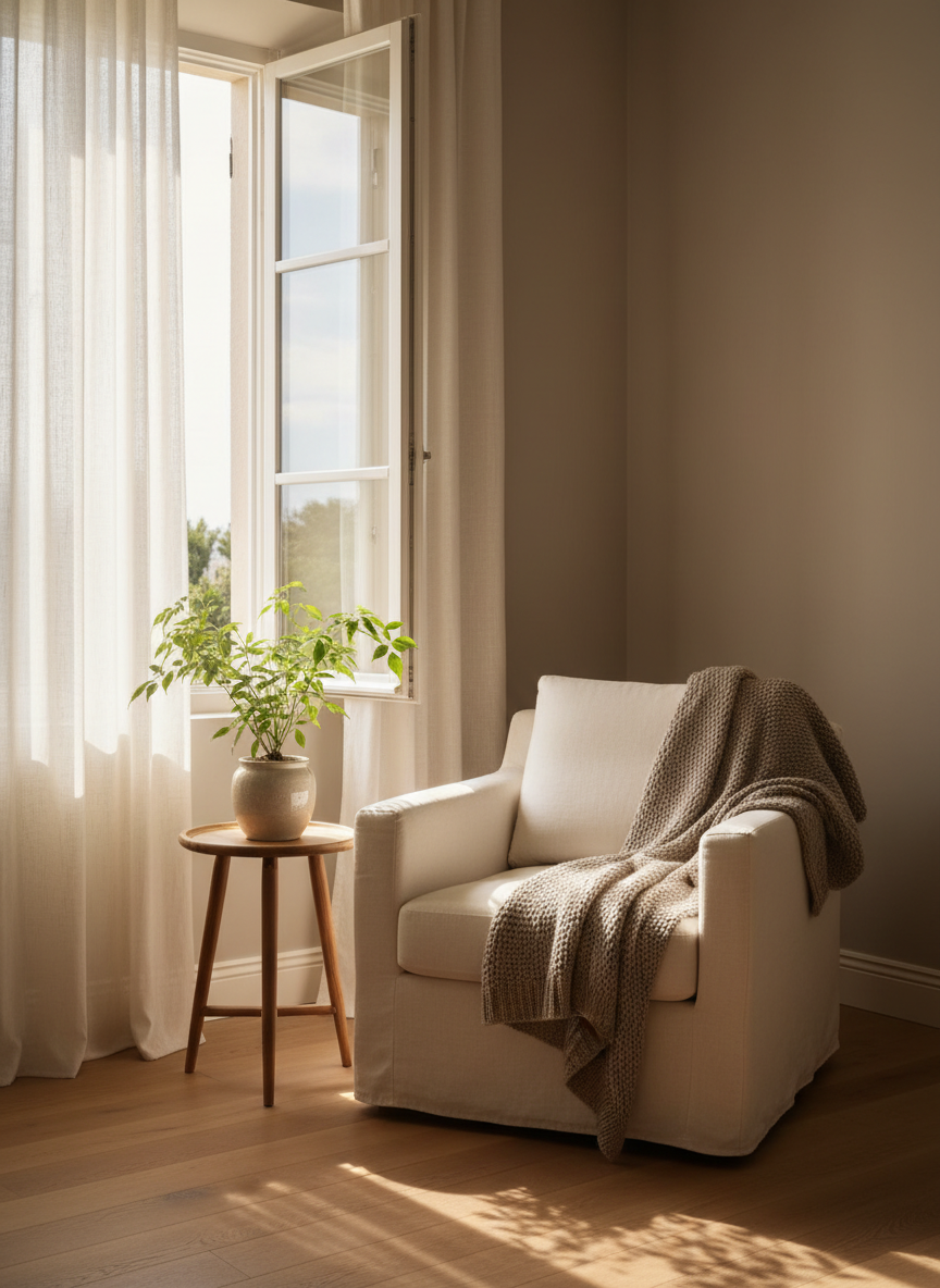 A restful reading corner with a soft armchair beside an open window, sheer curtains glowing in afternoon light and fresh greenery nearby