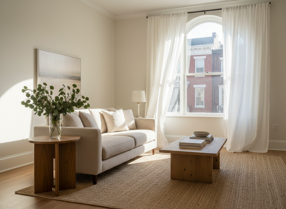 Morning sunlight filling an elegant Philadelphia living room with soft white curtains drifting in a gentle breeze and fresh eucalyptus on a side table