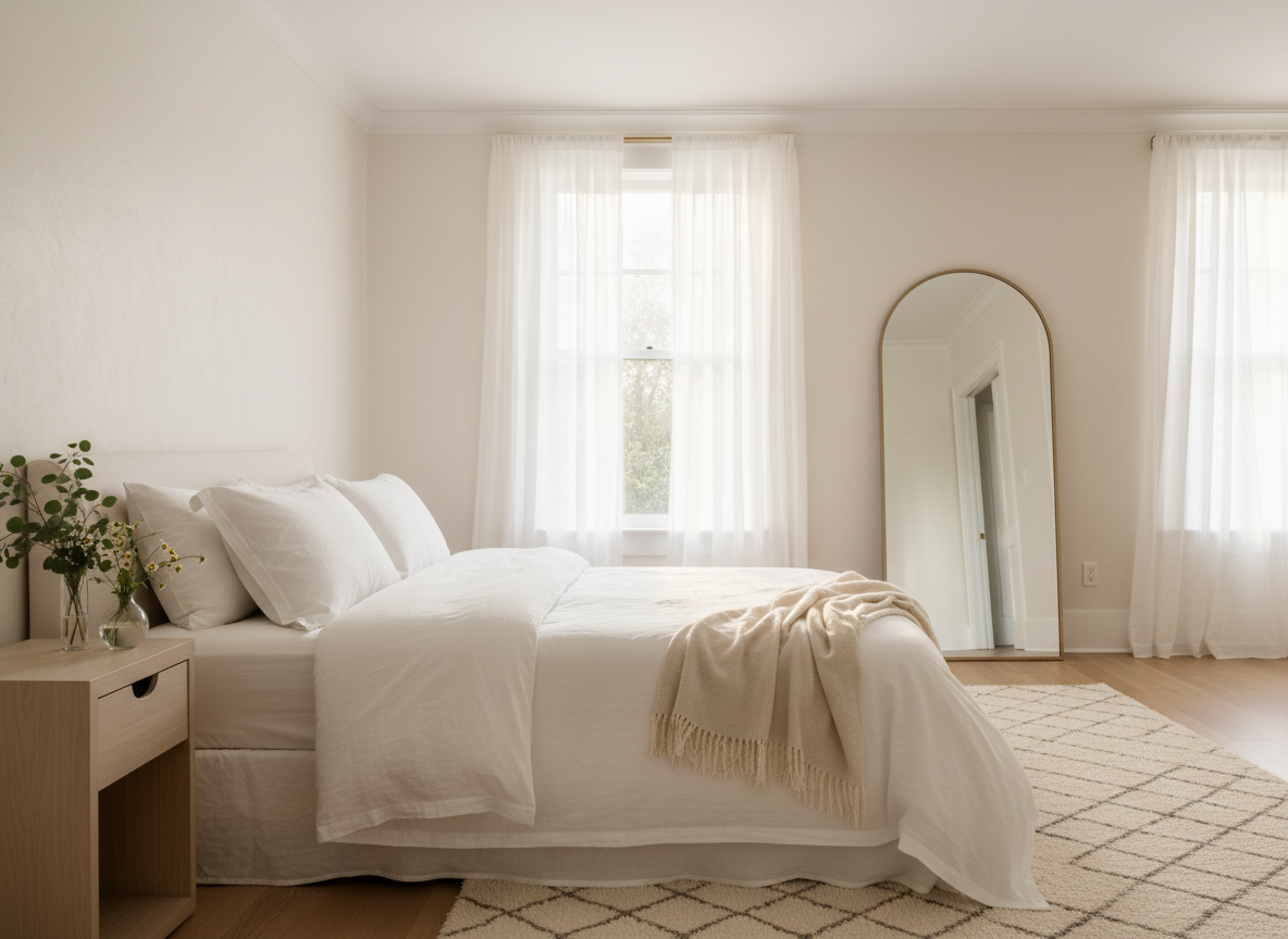A serene sunlit bedroom with crisp white bedding, an open window and sheer curtains lifting in the breeze