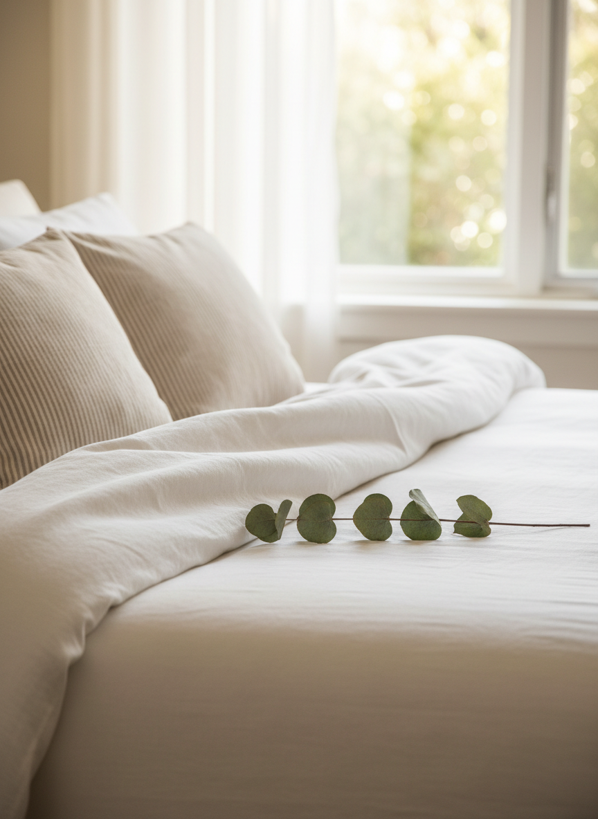 Crisp fresh white linen bedding by a bright window with soft morning light and a small branch of greenery resting on the duvet
