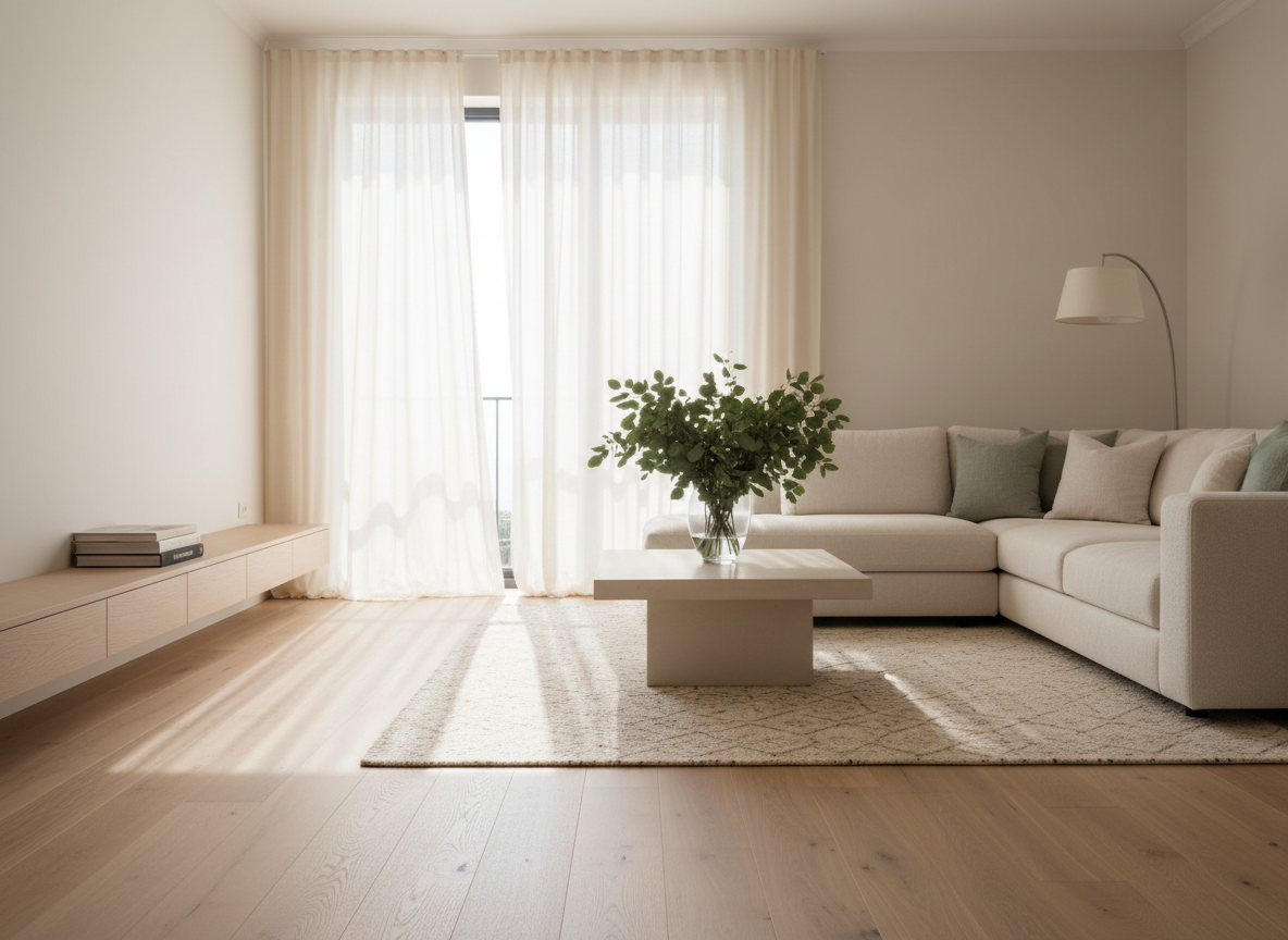A serene, sunlit modern living room on a bright morning with soft sheer curtains by an open window and fresh greenery in a warm, airy interior