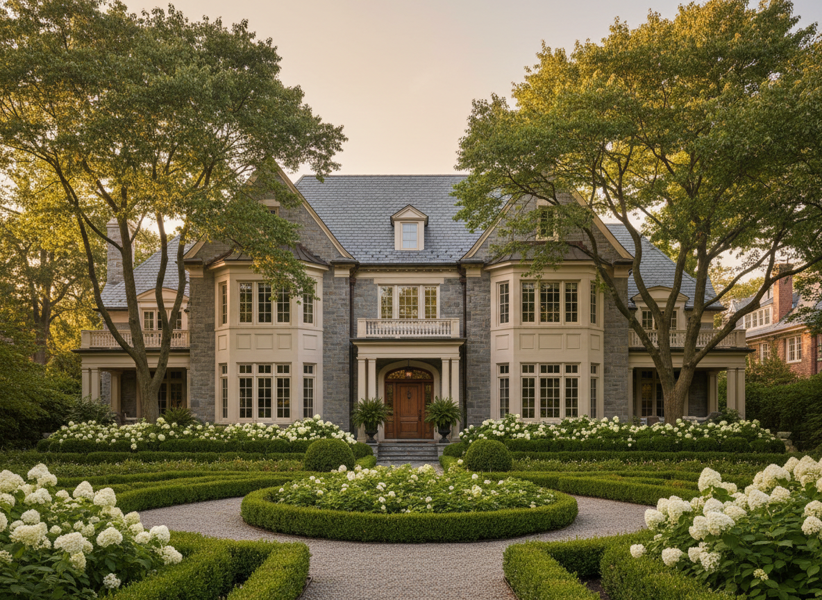 An elegant Main Line Pennsylvania style home framed by lush green trees and a manicured garden in soft late afternoon light