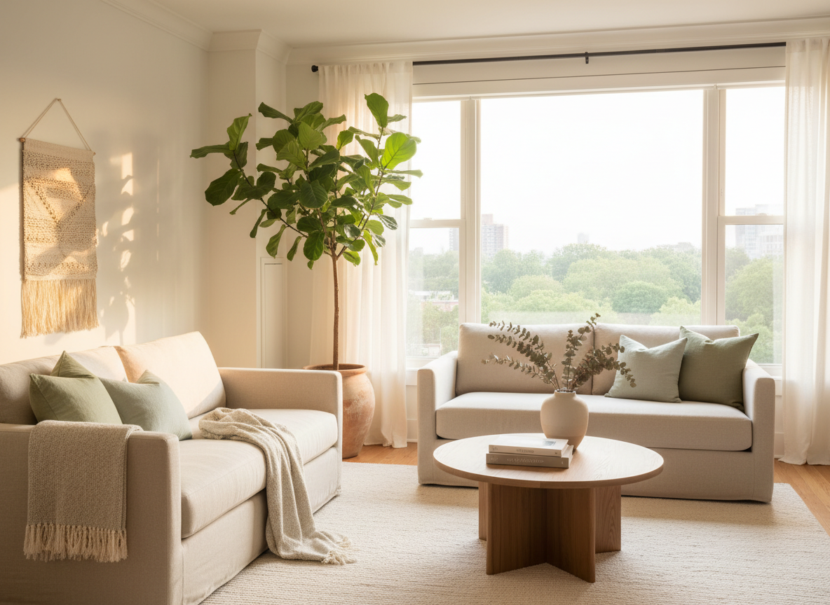 Bright, comfortable, peaceful upscale apartment interior with warm natural light, cream and sage palette, cozy neutral sofa and a potted plant