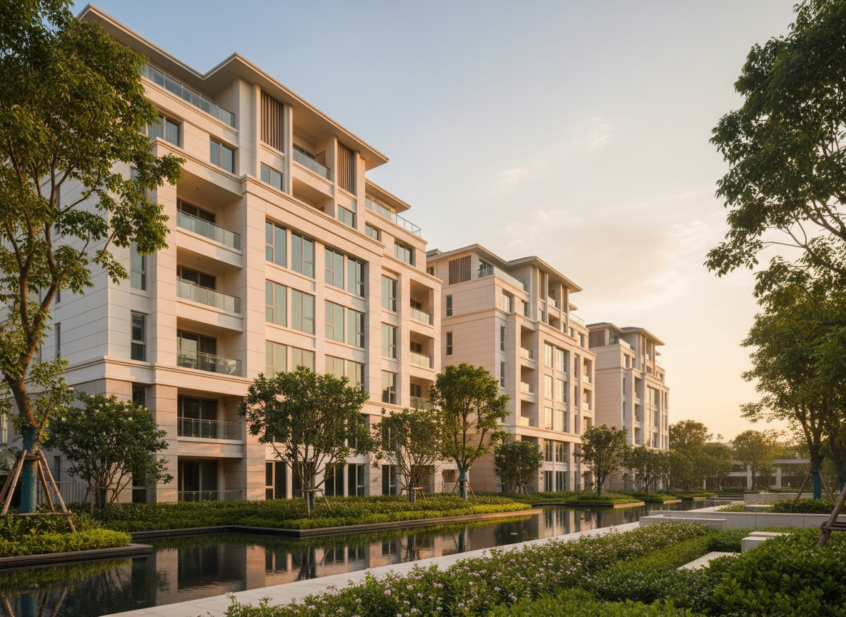 Editorial luxury lifestyle photograph of a bright, serene modern multi-unit residential building exterior at golden hour, warm cream and ivory tones, lush green landscaping and trees framing the facade