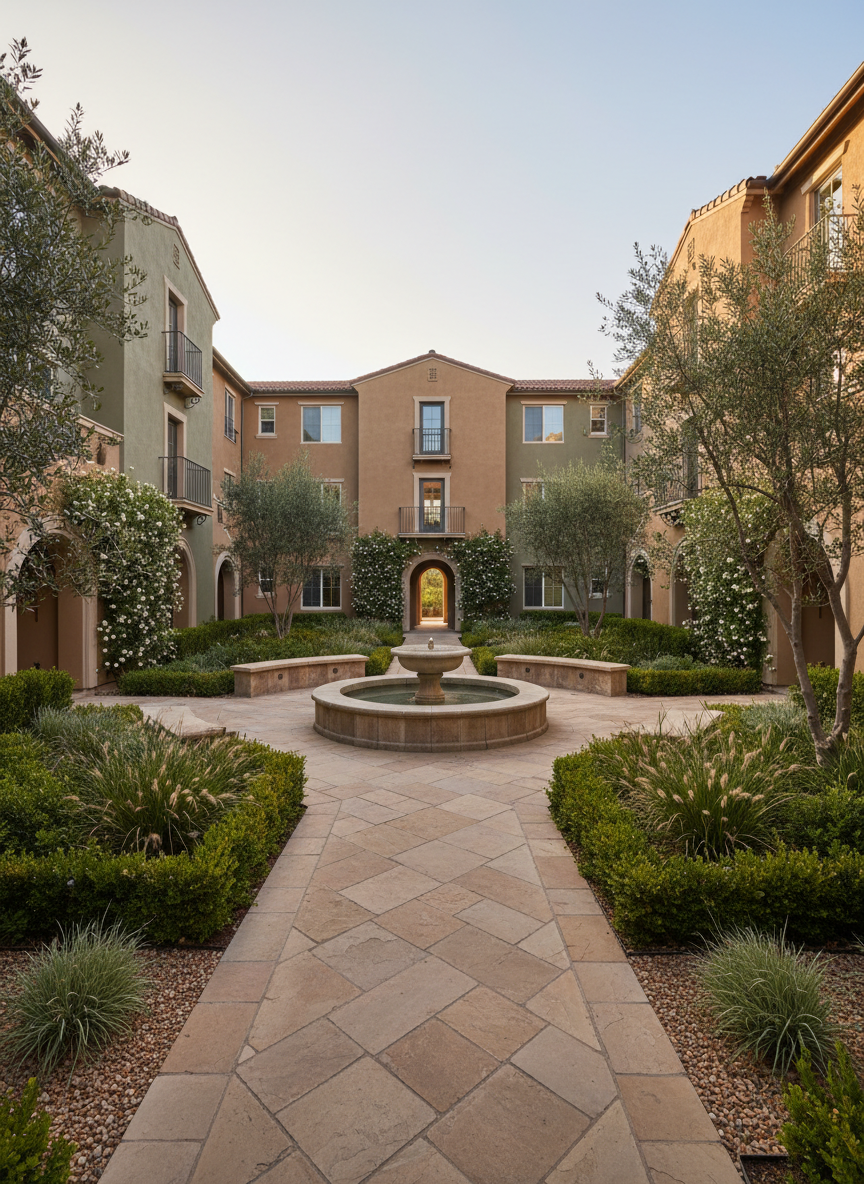 Elegant well-kept multi-unit property courtyard with manicured greenery, natural stone pathways, warm taupe and sage tones, soft morning light