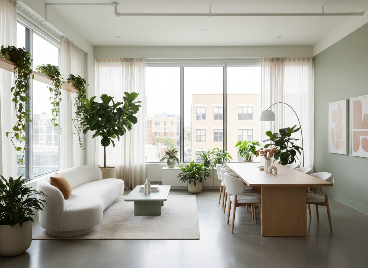 Bright airy modern commercial office interior with large windows, natural light and indoor plants in calm neutral tones