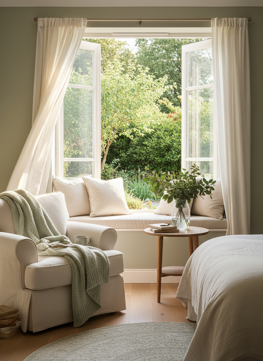 Sunlit home reading nook with soft cream linen, an open window and fresh greenery, peaceful residential comfort