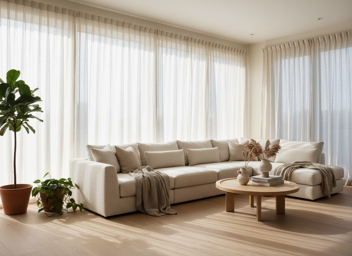 Sunlit modern living room with open windows, sheer linen curtains, cream walls and green plants, morning light streaming in