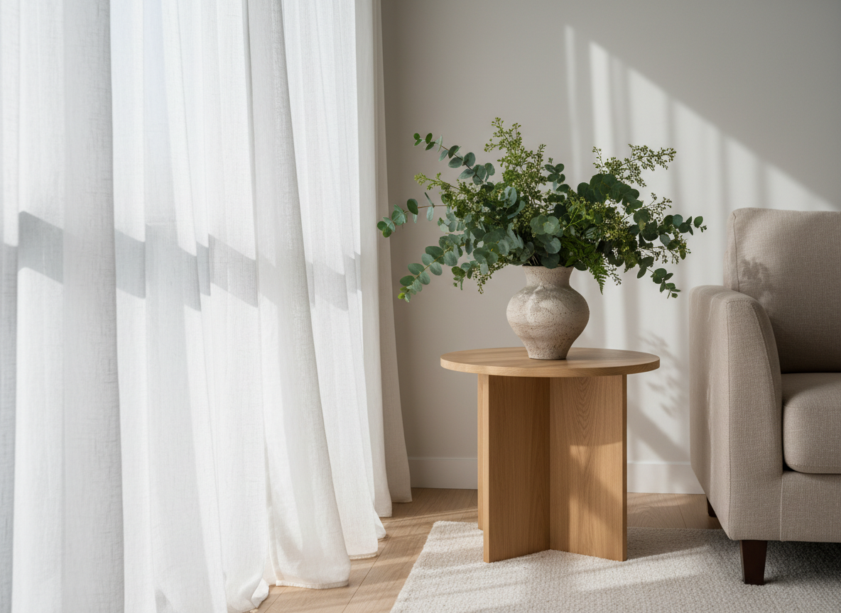 A close-up editorial still life of a sunlit corner of an elegant home: a vase of fresh greenery on a wooden side table beside a window with sheer curtains.