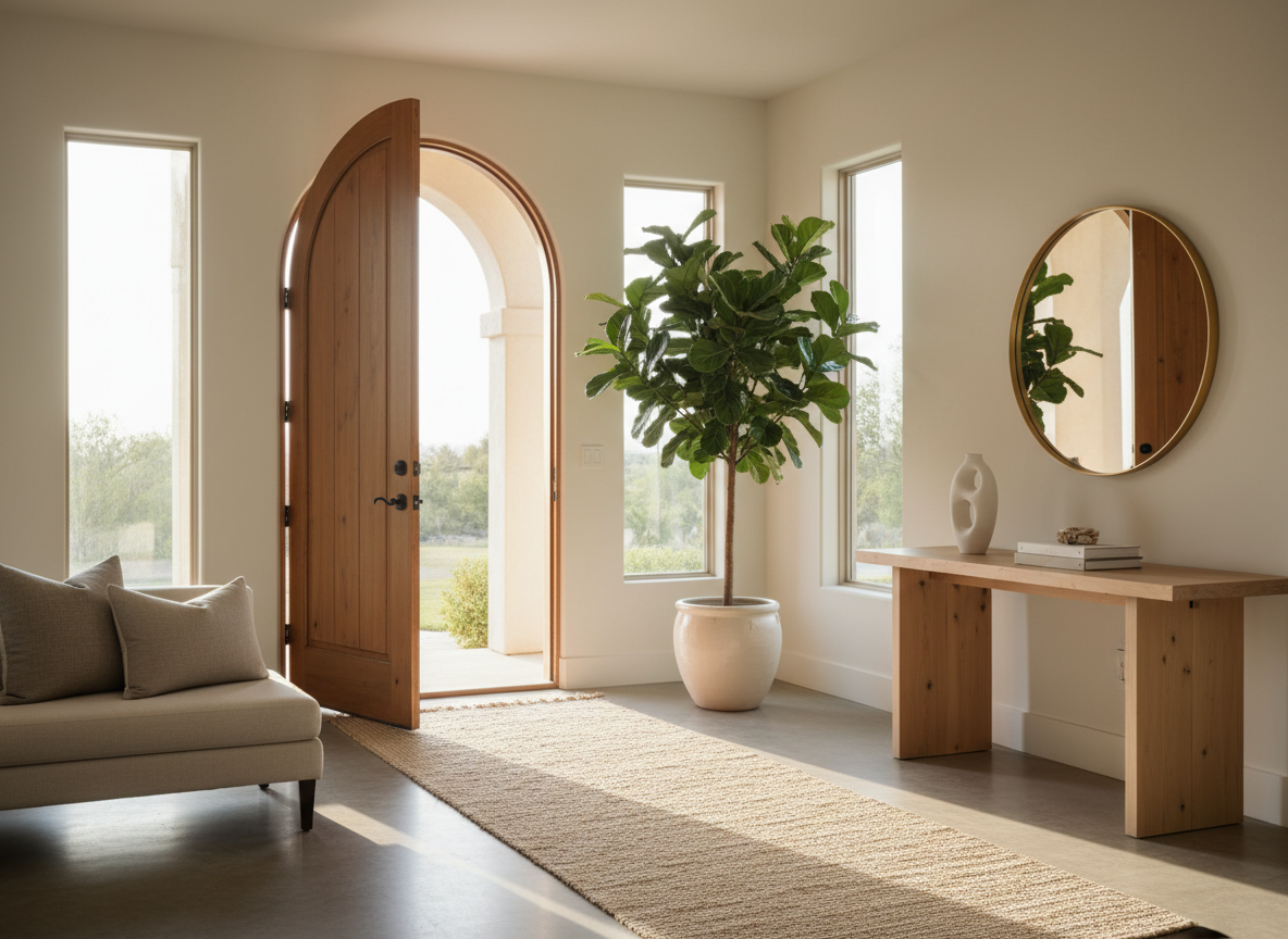A warm, welcoming entryway of a sophisticated home with an open door and natural light pouring in.