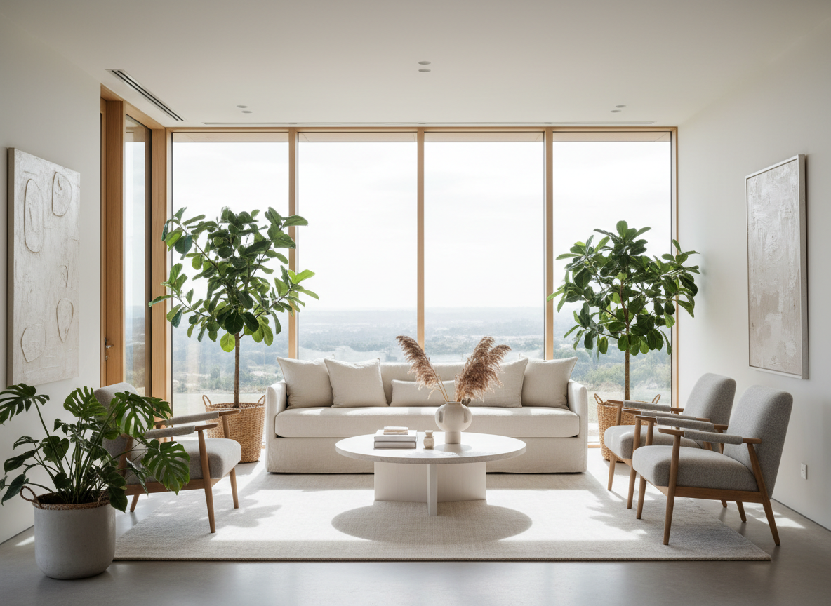 A serene, sun-drenched modern living room interior with large windows letting in soft natural light, elegant neutral decor, lush green potted plants, and a warm inviting atmosphere.