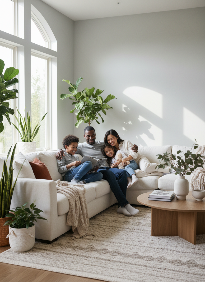 A multiracial family of four relaxing together on a sofa in a bright, clean, elegantly decorated living room with natural sunlight and green plants.