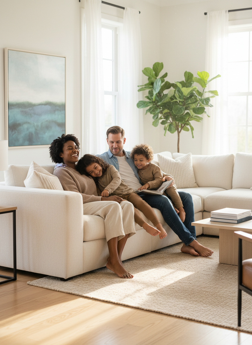 A premium editorial lifestyle photograph of a joyful multiracial family with a mother, father, and exactly two small children, relaxing together in a beautiful, light-filled, upscale home. They look comfortable, healthy, and genuinely happy, enjoying everyday life because the indoor air feels fresh and clean. No air-duct equipment, tools, vents, machinery, uniforms, or technical cleaning imagery. Warm natural light, sophisticated interior, authentic candid interaction, high-end home-services brand aesthetic. Ensure the family clearly consists of two parents and two young children.