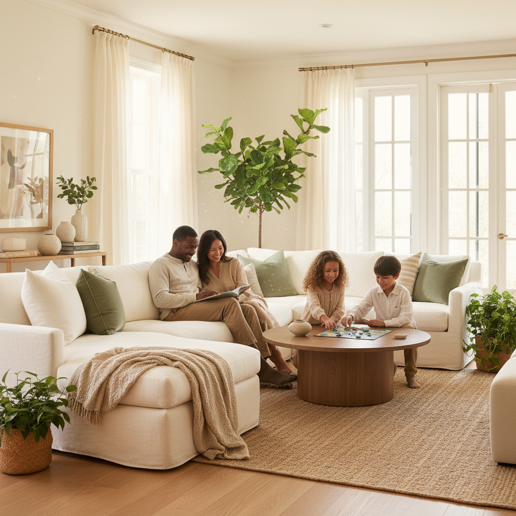 A premium editorial lifestyle photograph for an About section: a sophisticated, sunlit Philadelphia-area home interior with warm ivory walls, soft cream textiles, muted sage and leafy green plants, open airy windows, and a diverse multiracial family peacefully enjoying the comfort and happiness of a beautifully cared-for home. Convey fresh, comfortable air and refined home living. No cleaning equipment, ducts, vents, hoses, vacuums, technicians, or cleaning activity. Natural light, elegant understated composition, luxury home-and-garden magazine aesthetic, square composition.