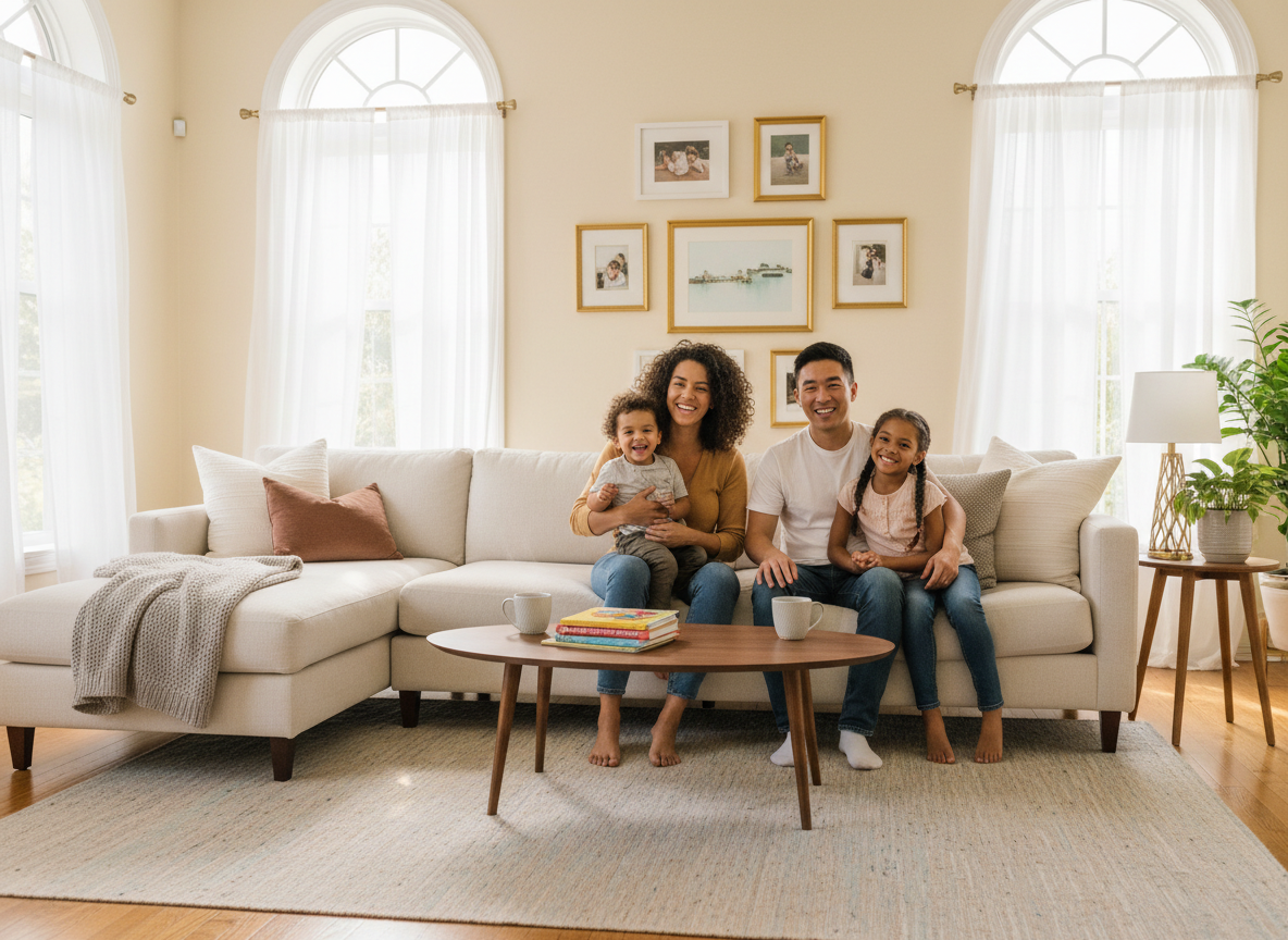 A smiling multiracial family — two parents and young children — relaxing together in a bright, elegant living room with warm cream walls, a comfortable sofa, and natural afternoon light. Joyful, warm, and domestic. No vents or ducts visible.