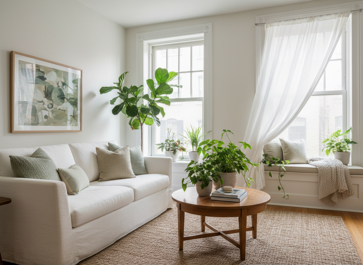 A sophisticated editorial photograph for a premium Philadelphia air duct cleaning brand: a bright, serene, beautifully cared-for living room in a Philadelphia-area home, warm natural sunlight, soft ivory and muted sage palette, leafy houseplants, elegant natural textures, subtle open-window freshness, no people, no cleaning equipment, no ducts, no vents, no tools, no text, realistic lifestyle photography.