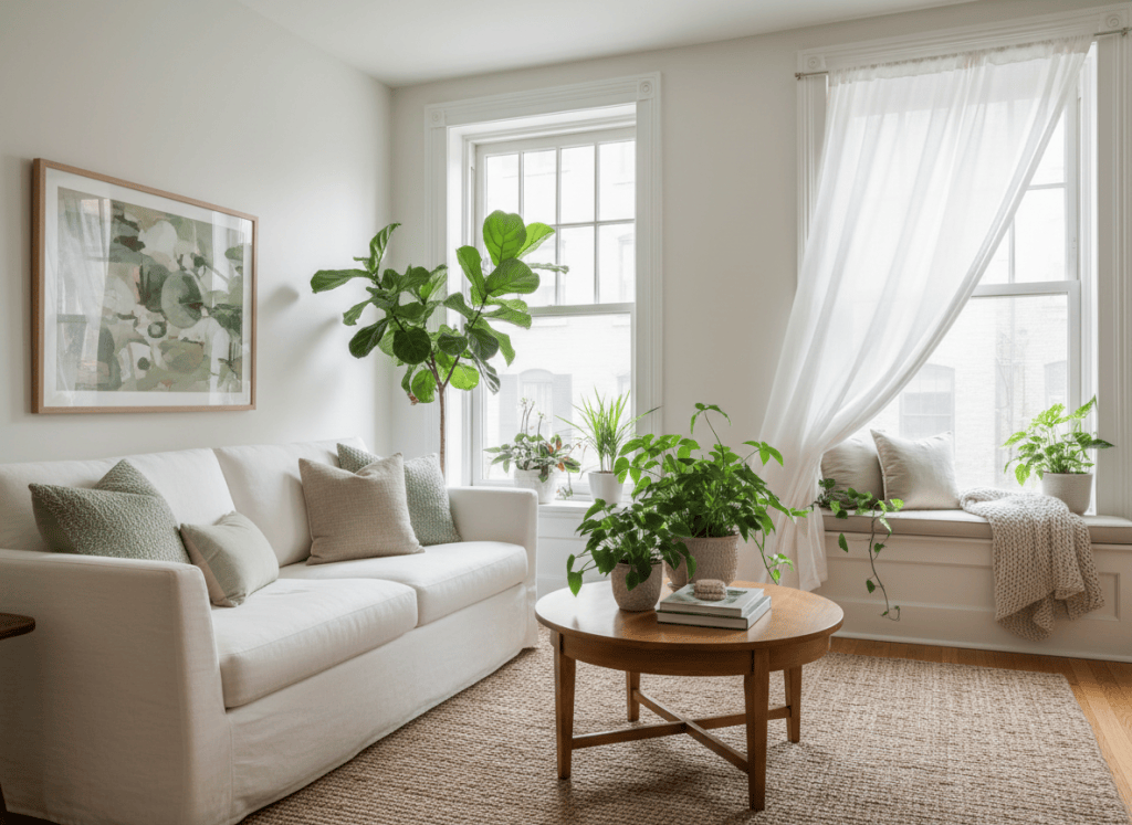A sophisticated editorial photograph for a premium Philadelphia air duct cleaning brand: a bright, serene, beautifully cared-for living room in a Philadelphia-area home, warm natural sunlight, soft ivory and muted sage palette, leafy houseplants, elegant natural textures, subtle open-window freshness, no people, no cleaning equipment, no ducts, no vents, no tools, no text, realistic lifestyle photography.