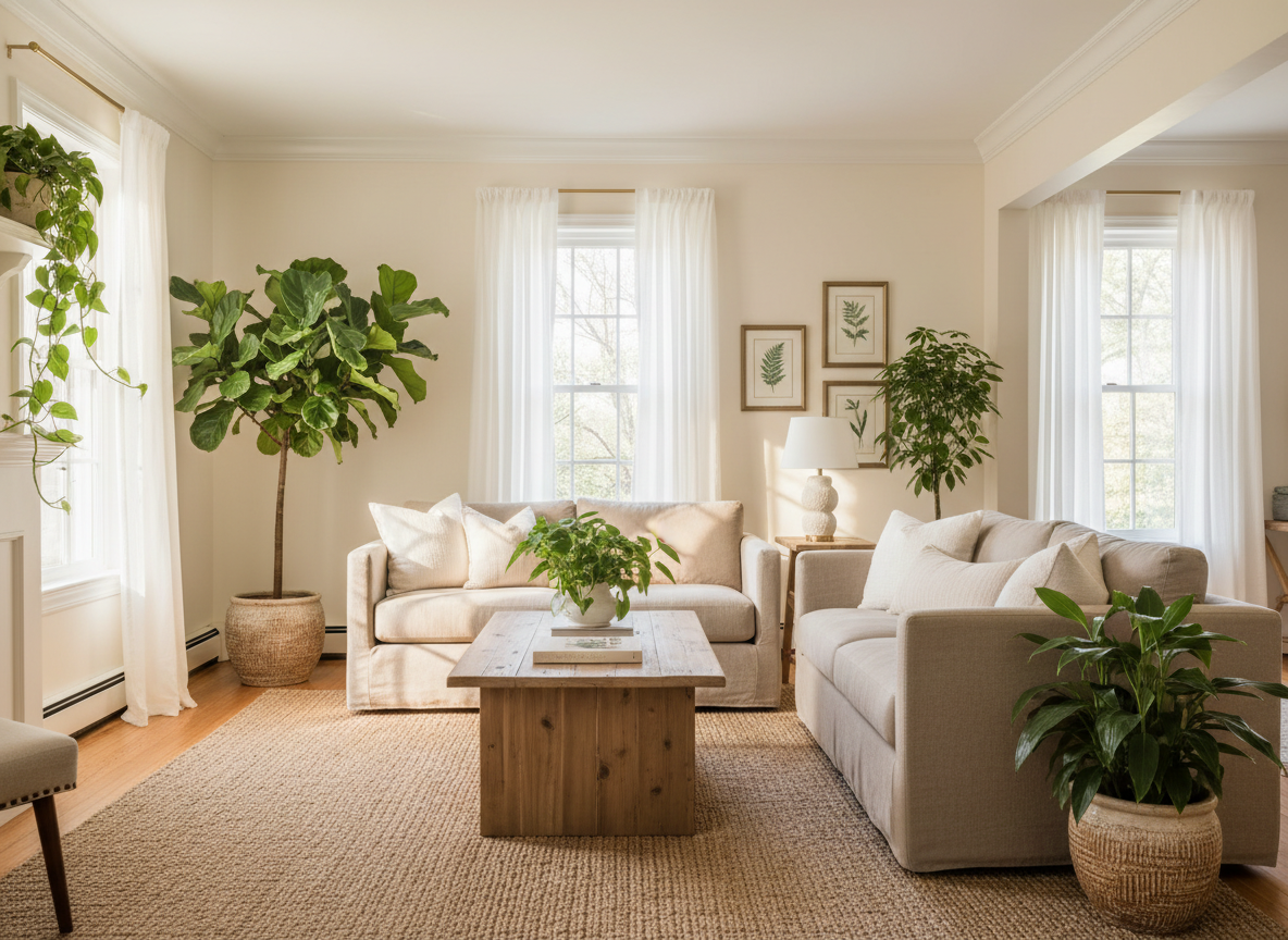 A refined, high-end editorial photograph for Martin’s Air Duct Cleaning: a sunlit, serene Pennsylvania Main Line home interior with warm ivory walls, elegant natural textures, leafy green plants, soft afternoon light, and a subtle sense of fresh breathable air. No cleaning equipment, ducts, hoses, technicians, or active cleaning. Sophisticated, family-oriented, nature-led, premium lifestyle magazine aesthetic, cohesive with an As Ever-inspired botanical brand.