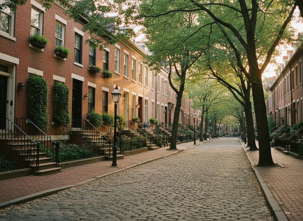 Make the existing image more photorealistic and natural while preserving its Philadelphia historic brick rowhouse subject and editorial composition. Use authentic architectural details, believable materials, soft natural daylight, subtle film grain, and an elegant nostalgic Philadelphia mood. Avoid overly polished CGI, exaggerated colors, text, logos, or fantasy elements.