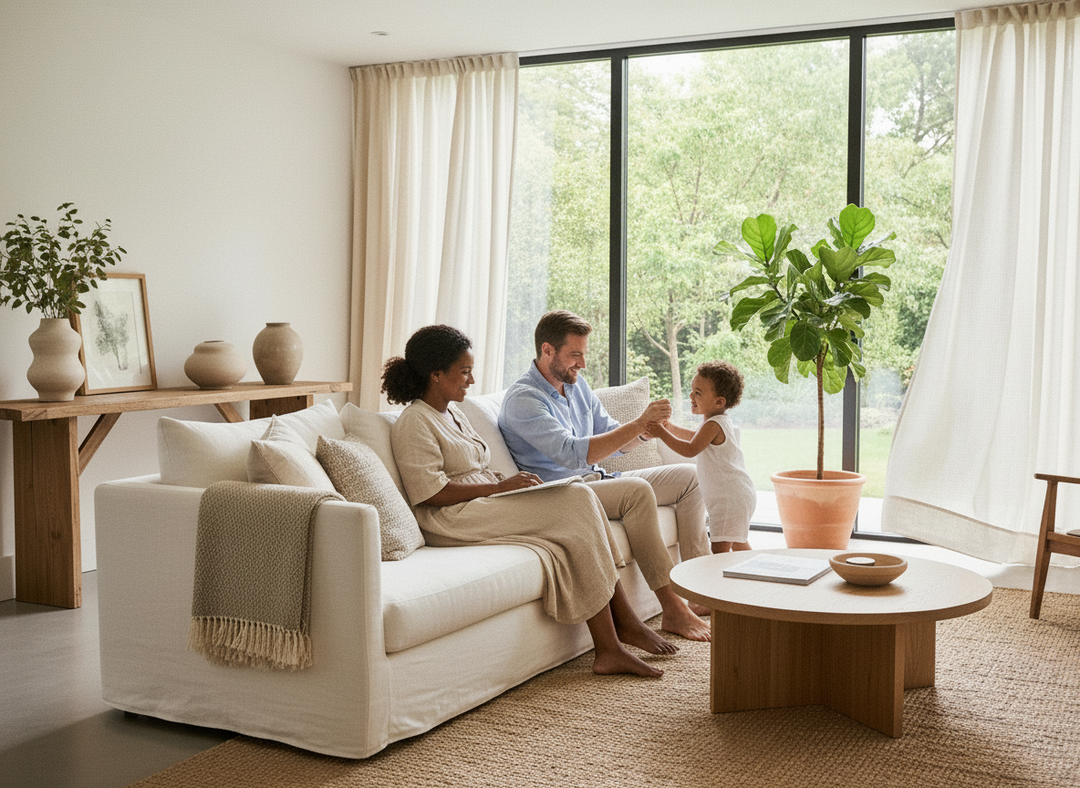 Make the existing image more photorealistic and natural while preserving the multiracial family relaxing in a refined Philadelphia or Main Line home. Use believable people and proportions, authentic historic-home details, warm daylight, natural plants, elegant lived-in furnishings, and subtle nostalgic film texture. Convey sophisticated cleanliness and family comfort. Avoid CGI polish, exaggerated colors, text, logos, or fantasy elements.