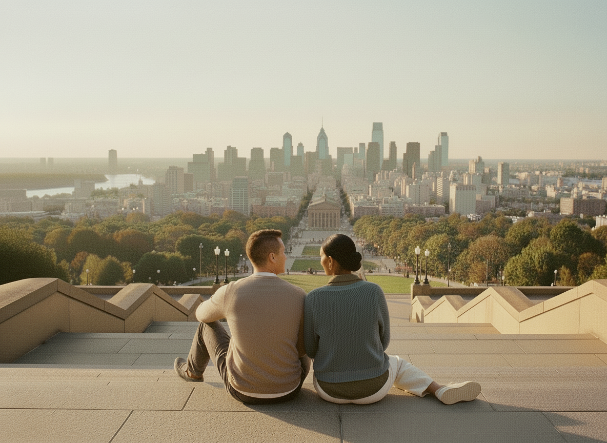 Edit the existing image to make the entire scene more nostalgic while preserving the couple’s backs-facing seated pose, Philadelphia Museum of Art steps, city overlook, Brandon’s slightly short neatly groomed hair and light warm-tan complexion, Shantal’s sleek slicked-back bun, muted casual clothing, and covered legs and feet in the foreground. Add a timeless analog-film feeling with warm faded tones, gentle sepia undertones, soft golden-hour light, subtle grain, slightly softened contrast, authentic texture, and a romantic vintage Philadelphia atmosphere. Keep it photorealistic and elegant; do not change the people, clothing, pose, location, or composition. No visible faces, text, logos, or CGI styling.
